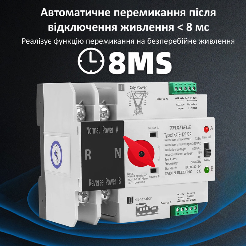 АВР для генератора I-II 2P 100A 230V автоматический переключатель ввода резерва [TXATS-100/2P] Taxnele