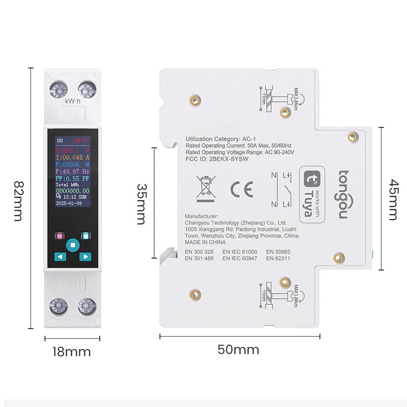 ZigBee розумне-реле з повним захистом, лічильниками, таймером 1P+N 50A 230V Smart Life, Tuya [TO-Q-SYS-JZT] Tongou
