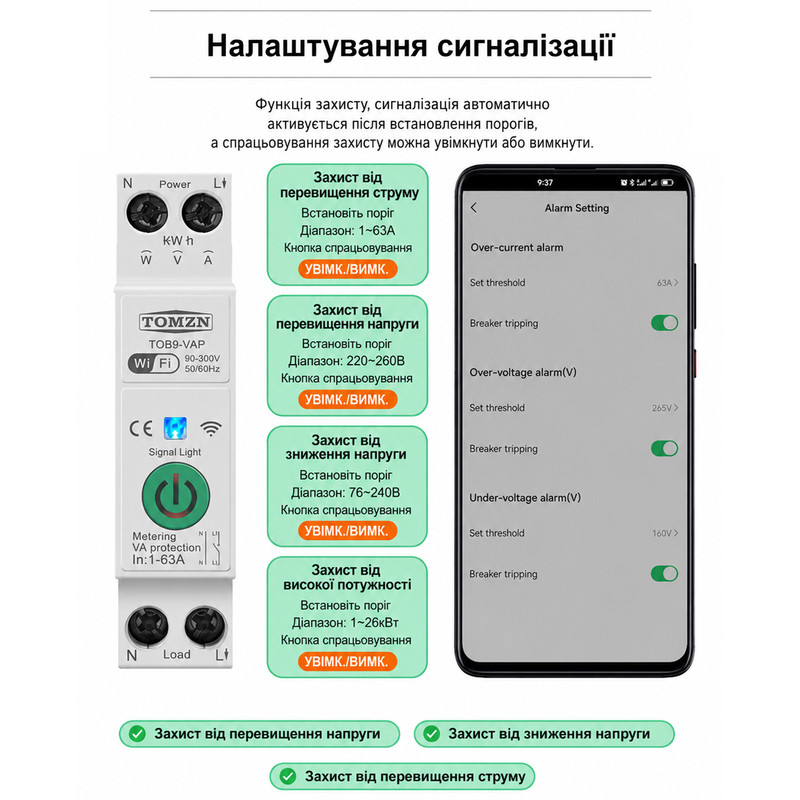 WiFi умный-выключатель с полной защитой, счетчиками, таймером 1P+N 63A 230V Smart Life, Tuya [TOB9-VAP] Tomzn