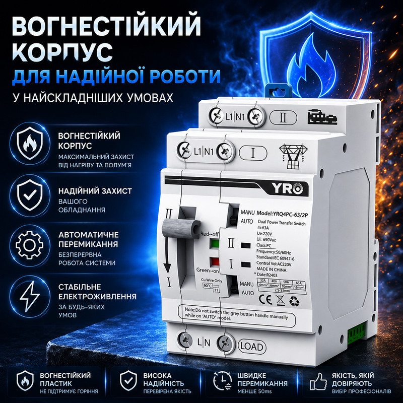 АВР для генератора I-II 2P 63A 230V автоматичний перемикач вводу резерву [YRQ4PC-63/2P] YRO
