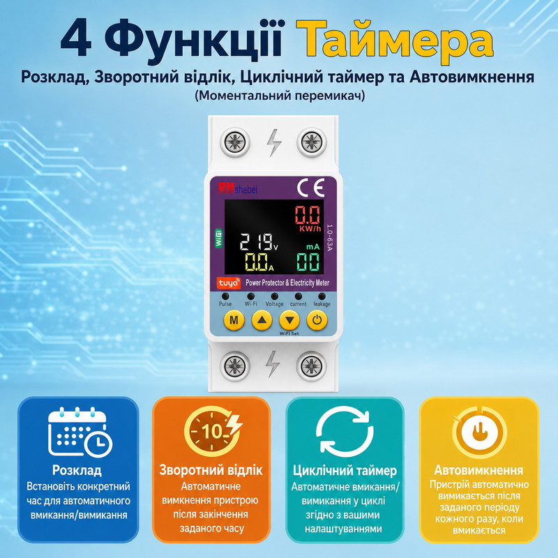 WiFi умное-реле с полной защитой, счетчиками, таймером 1P+N 63A 230V Smart Life, Tuya [WTDZW-63] RMshebei