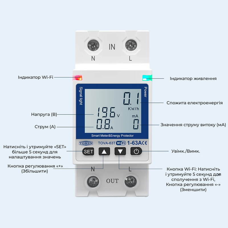 WiFi умное-реле с полной защитой, счетчиками, таймером 1P+N 63A 230V Smart Life, Tuya [TOVA-63T] Tomzn
