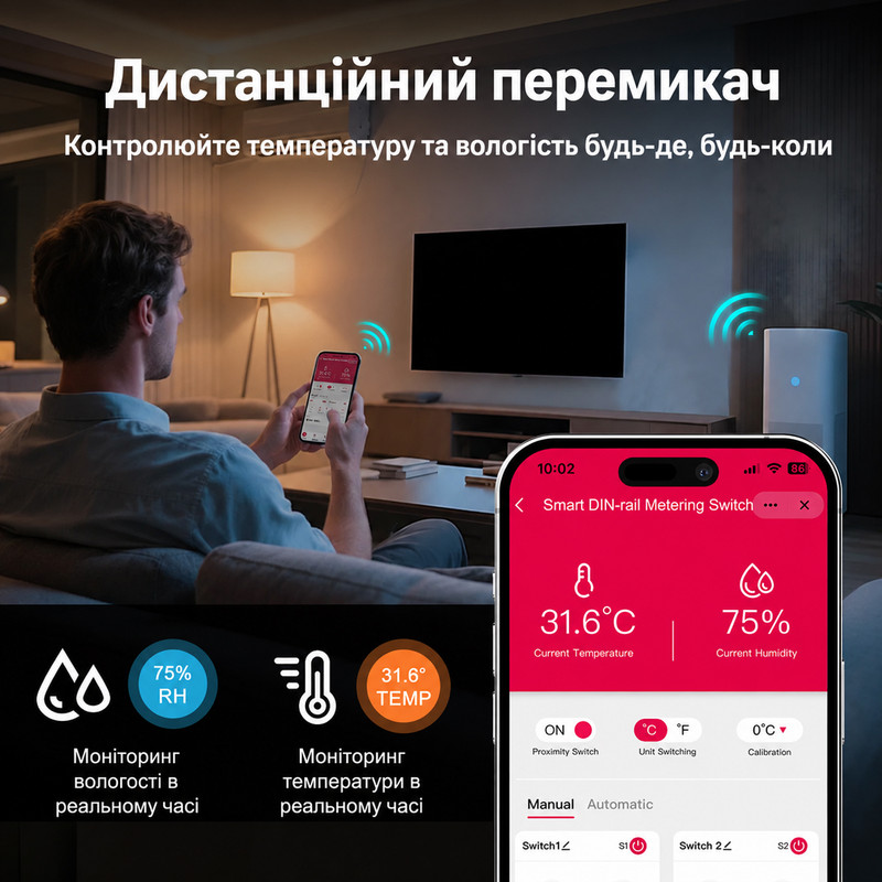 WiFi розумний-вимикач з вбудованим датчиком температури та вологості 1P+N 16A 230V Smart Life, Tuya [TOVTH-216WTTDA] Tongou