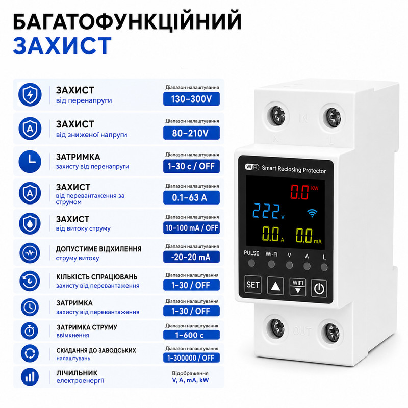 WiFi розумне-реле з повним захистом, функція ПЗВ, лічильниками, таймером 1P+N 63A 230V Smart Life, Tuya [TY-63A] Tuya