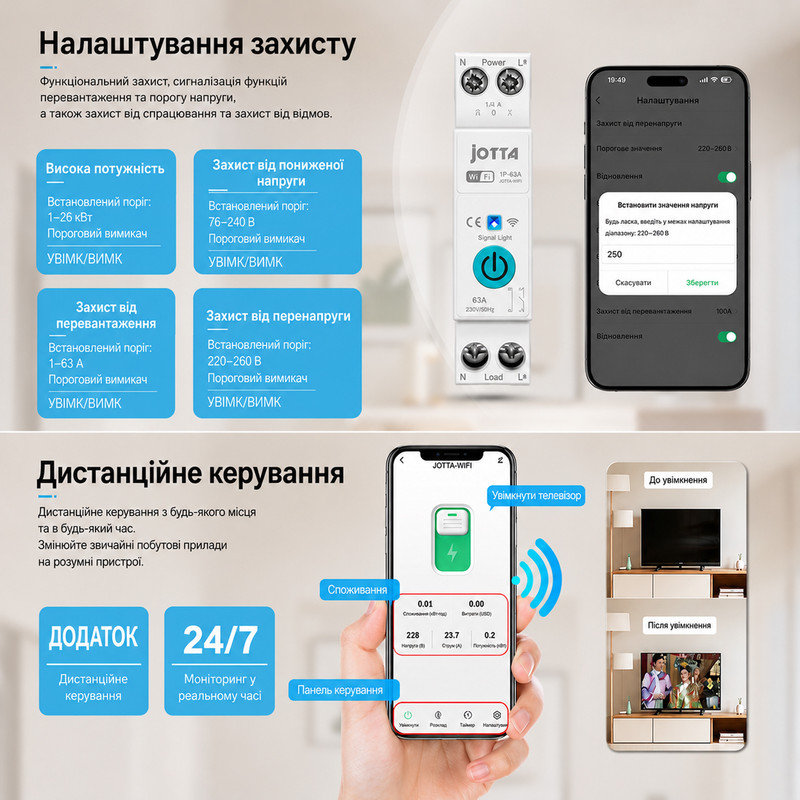 WiFi розумний-вимикач з повним захистом, лічильниками, таймером 1P+N 1-63A 230V Smart Life, Tuya [ST-63TM] JOTTA