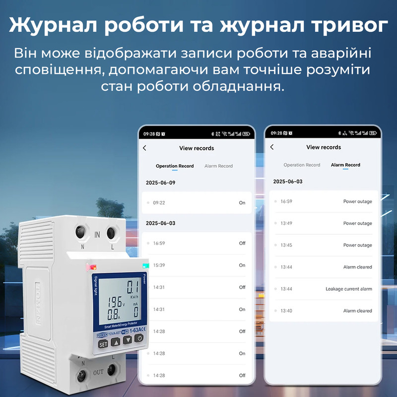 WiFi умное-реле с подсветкой, полной защитой, счетчиками, таймером 1P+N 63A 230V Smart Life, Tuya [TOVA-63TL] Tomzn