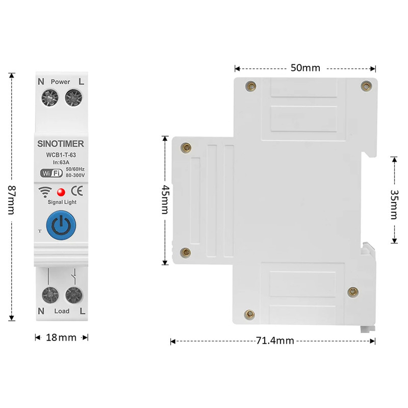 WiFi розумний-вимикач з лічильниками, таймером 1P+N 63A 230V Smart Life, Tuya [WCB1-J-63] Sinotimer