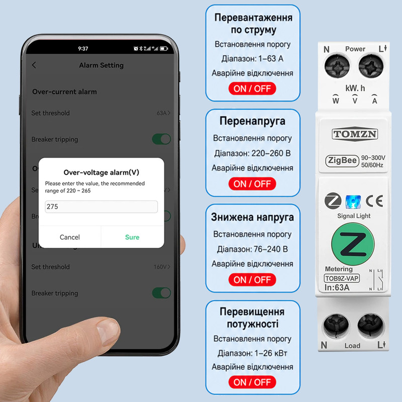 ZigBee умный-выключатель с полной защитой, счетчиками, таймером 1P+N 63A 230V Smart Life, Tuya [TOB9Z-VAP] Tomzn