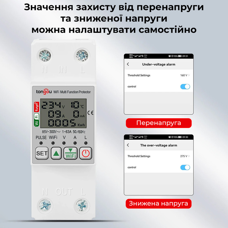 WiFi умное-реле с полной защитой, счетчиками, таймером 1P+N 63A 230V Smart Life, Tuya [TO-Q-SM263JWT] Tongou