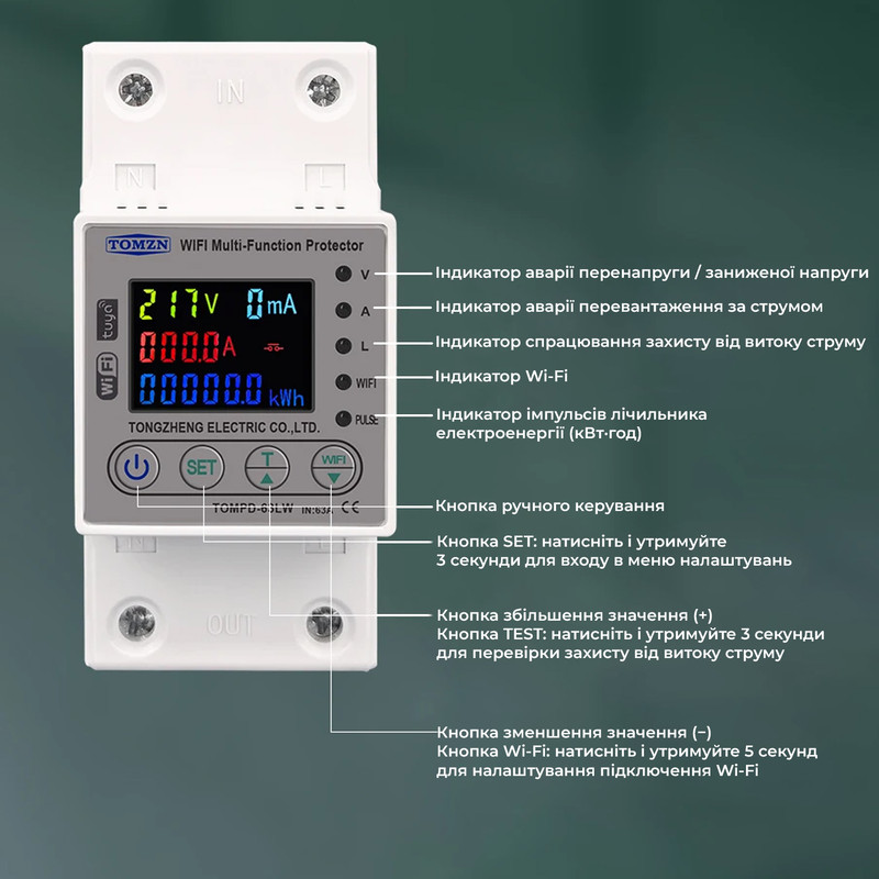 WiFi умное-реле с полной защитой, счетчиками, таймером 1P+N 63A 230V Smart Life, Tuya [TOMPD-63LW] Tomzn