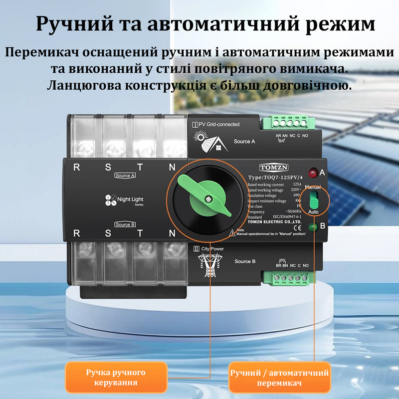 АВР для инвертора и панелей I-II 4P 63A 230V автоматический переключатель ввода резерва [TOQ7-63PV/4] Tomzn