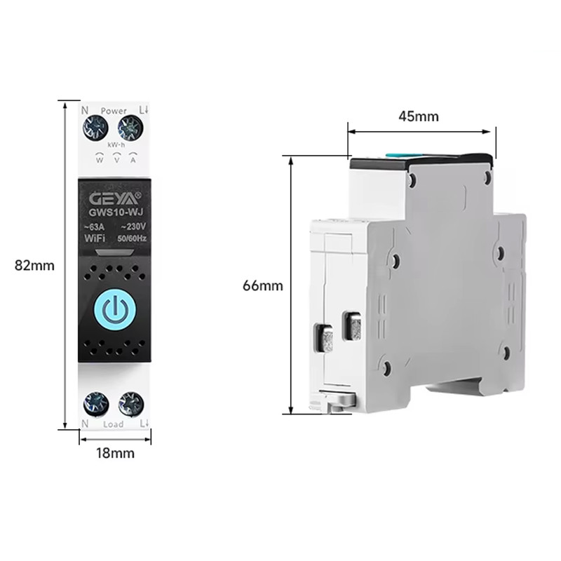 WiFi розумний-вимикач з повним захистом, лічильниками, таймером 1P+N 63A 230V Smart Life, Tuya [GWS10-WJ] Geya