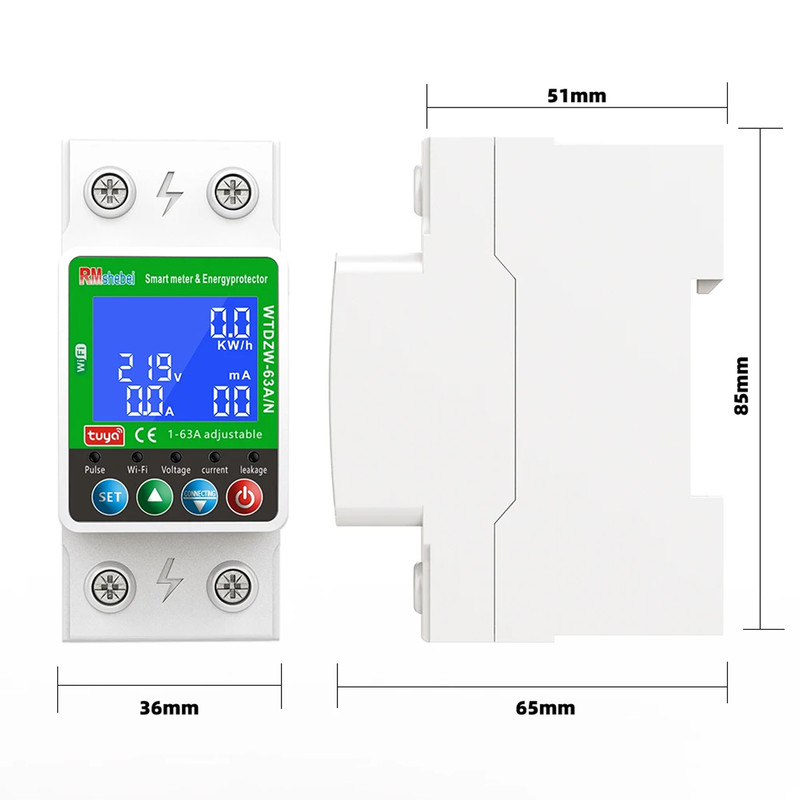 WiFi умное-реле с полной защитой, счетчиками, таймером, PV-систем 1P+N 63A 230V Smart Life, Tuya [WTDZW-63A/N] RMshebei