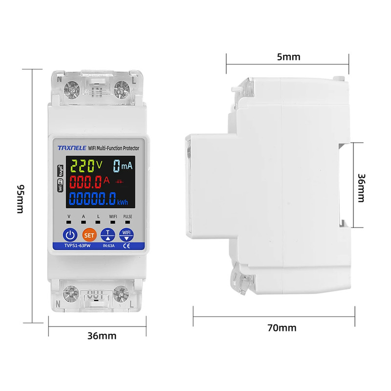 WiFi розумне-реле з повним захистом, лічильниками, таймером 1P+N 63A 230V Smart Life, Tuya [TVPS1-63FW] Taxnele