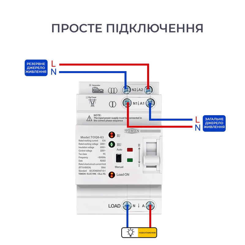АВР для бензиновых генераторов I-II 2P 63A 230V автоматический переключатель ввода резерва [2P-LN-63A-230] Tomzn