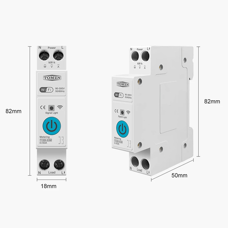 WiFi умный-выключатель с счетчиками, таймером 1P+N 20A 230V Smart Life, Tuya [TOB9-63M-20A] Tomzn