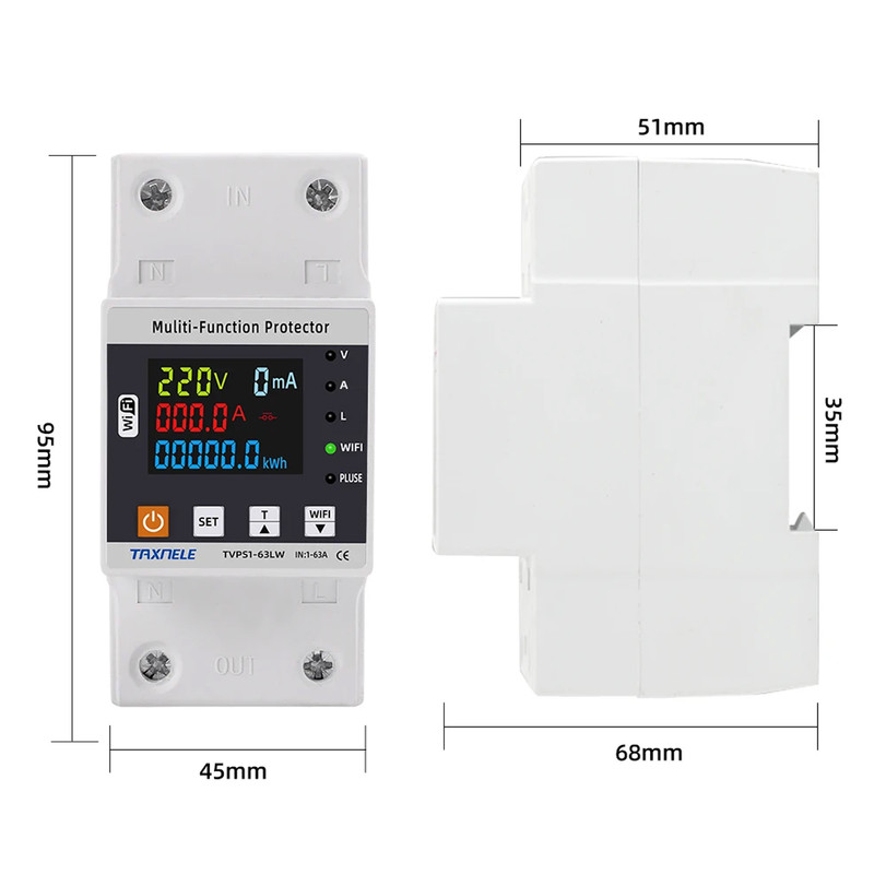 WiFi умное-реле с полной защитой, счетчиками, таймером 1P+N 63A 230V Smart Life, Tuya [TVPS1-63LW] Taxnele