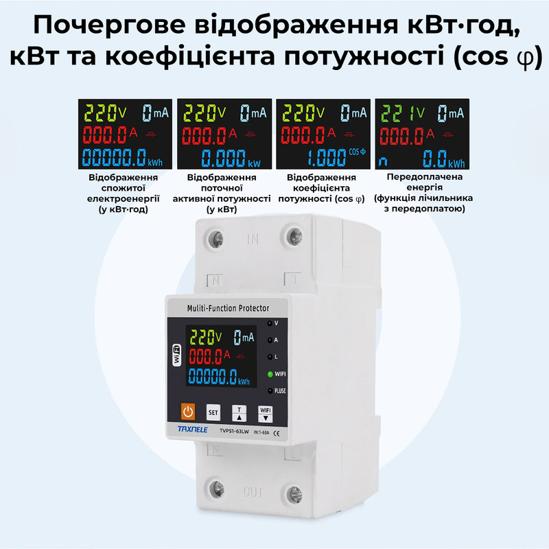 WiFi умное-реле с полной защитой, счетчиками, таймером 1P+N 63A 230V Smart Life, Tuya [TVPS1-63LW] Taxnele