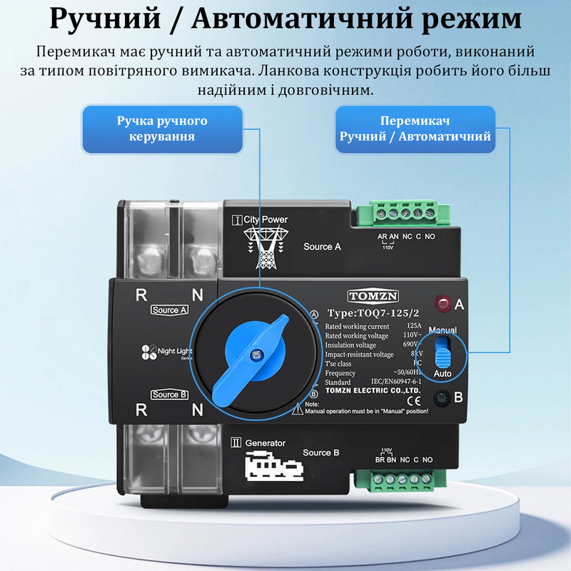 АВР для генератора I-II 2P 63A 110V автоматический переключатель ввода резерва [TOQ7-125/2-110] Tomzn
