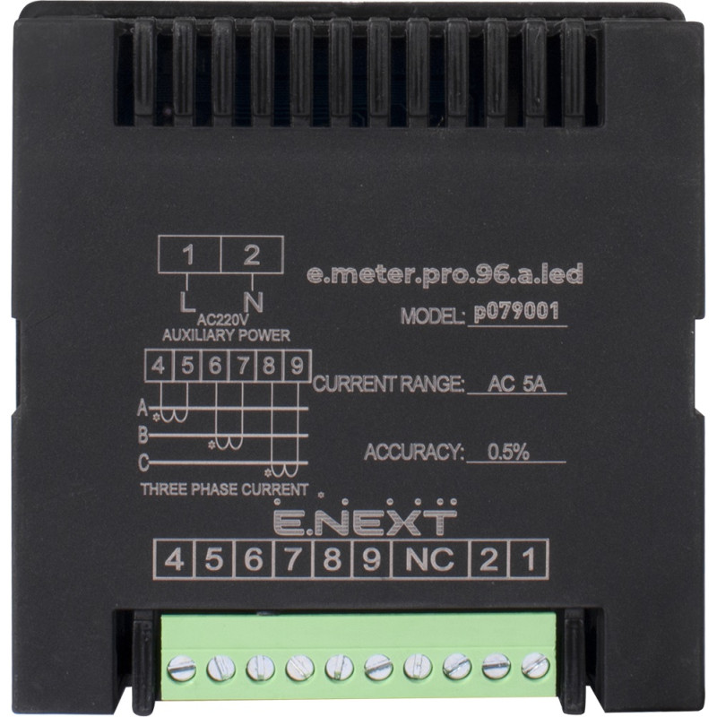 Трифазний цифровий амперметр 5А 230В АС 96х96x55мм врізний [p079001] E.NEXT e.meter.pro.96.a.led
