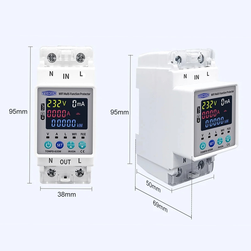 WiFi умное-реле с полной защитой, счетчиками, таймером 1P+N 63A 230V Smart Life, Tuya [TOMPD-63SW] Tomzn