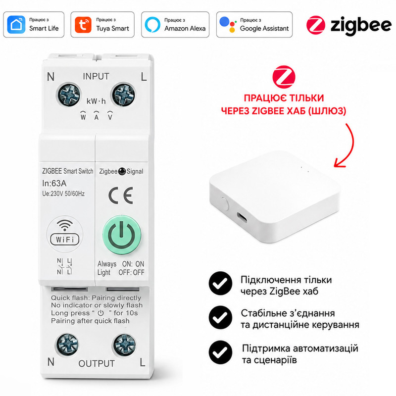 ZIgBee умный-выключатель с полной защитой, функция УЗО, счетчиками, таймером 1P+N 63A 230V Smart Life, Tuya [WTDZZ-J-2P] RMshebei