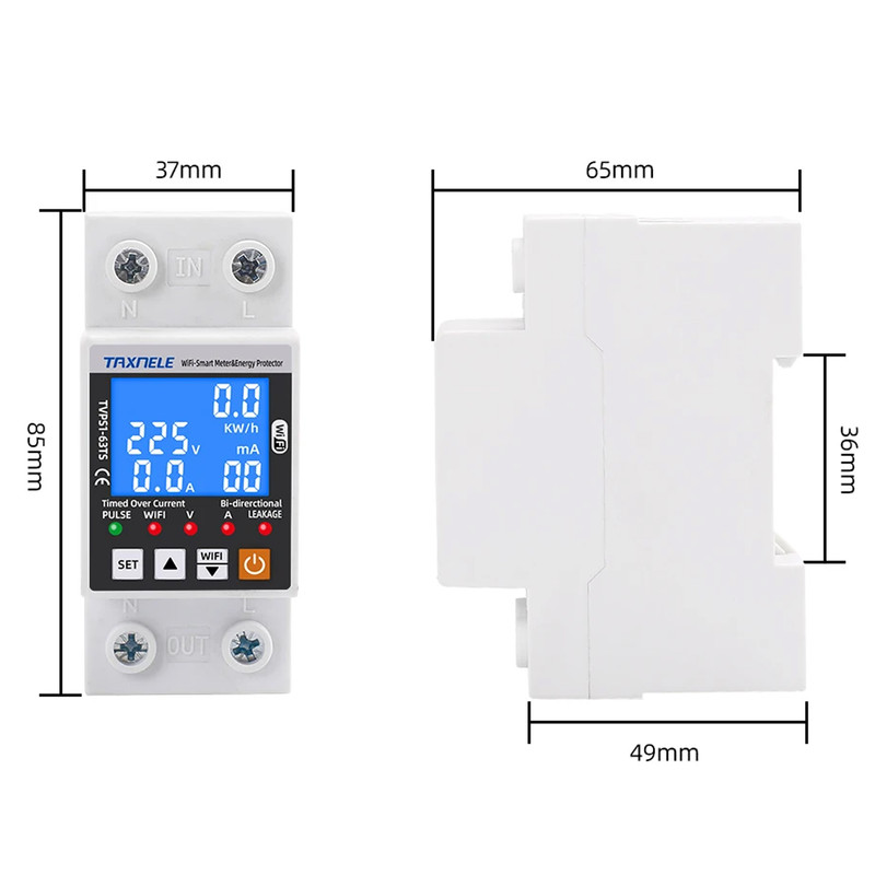 WiFi розумне-реле з повним захистом, лічильниками, таймером 1P+N 63A 230V Smart Life, Tuya [TVPS1-63TS] Taxnele