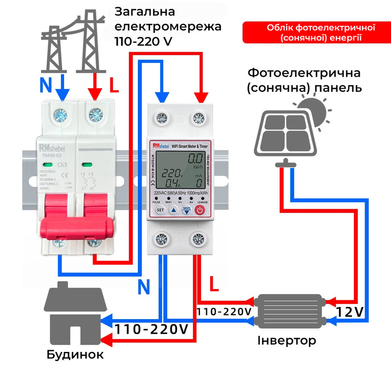 WiFi умное-реле с полной защитой, счетчиками, таймером, PV-систем 1P+N 63A 230V Smart Life, Tuya [WTDZW-B-63A] RMshebei