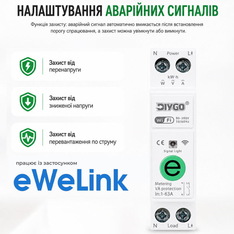 WiFi розумний-вимикач з повним захистом, лічильниками, таймером 1P+N 1-63A 230V eWeLink [DGB-63ET] DiyGo
