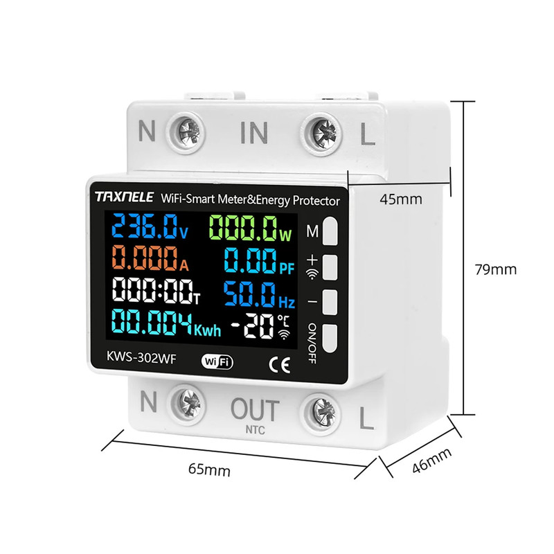WiFi умное-реле с полной защитой, счетчиками, таймером 1P+N 63A 230V Smart Life, Tuya [KWS-302WF] Taxnele