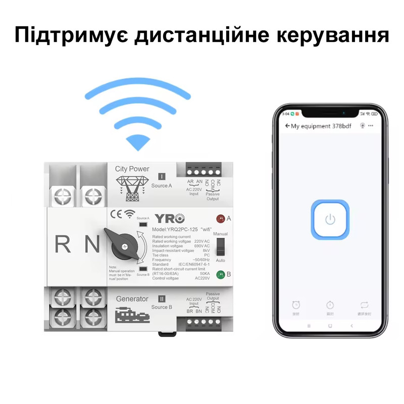 АВР для генератора I-II 2P 125A 230V Wi-Fi автоматический переключатель ввода резерва [YRQ2PC-125-WF] YRO