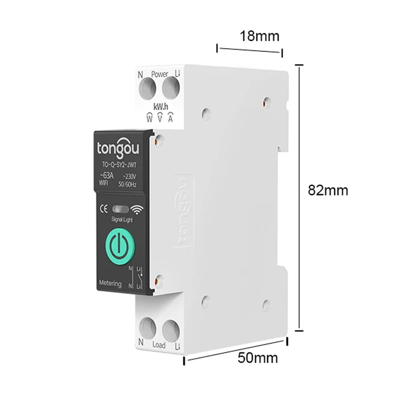 WiFi розумний-вимикач з повним захистом, лічильниками, таймером 1P+N 1-63A 230V Smart Life, Tuya [TO-Q-SY2-JWT] Tongou