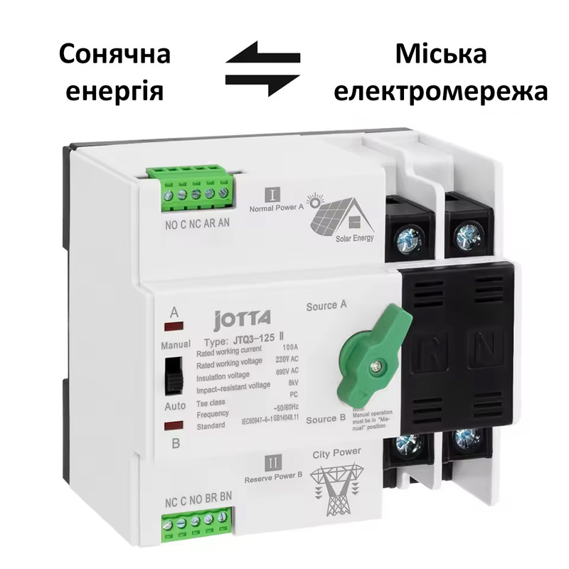 АВР для инвертора и панелей I-II 2P 100A 230V автоматический переключатель ввода резерва [JTQ3-125PV/2] Jotta