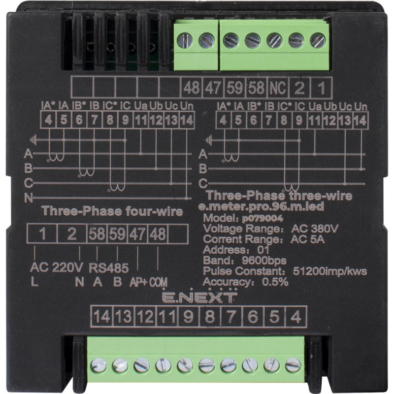 Трифазний аналізатор параметрів мережі 5А 0-450В RS-485 230В АС 96х96x55мм врізний [p079004] E.NEXT e.meter.pro.96.m.led