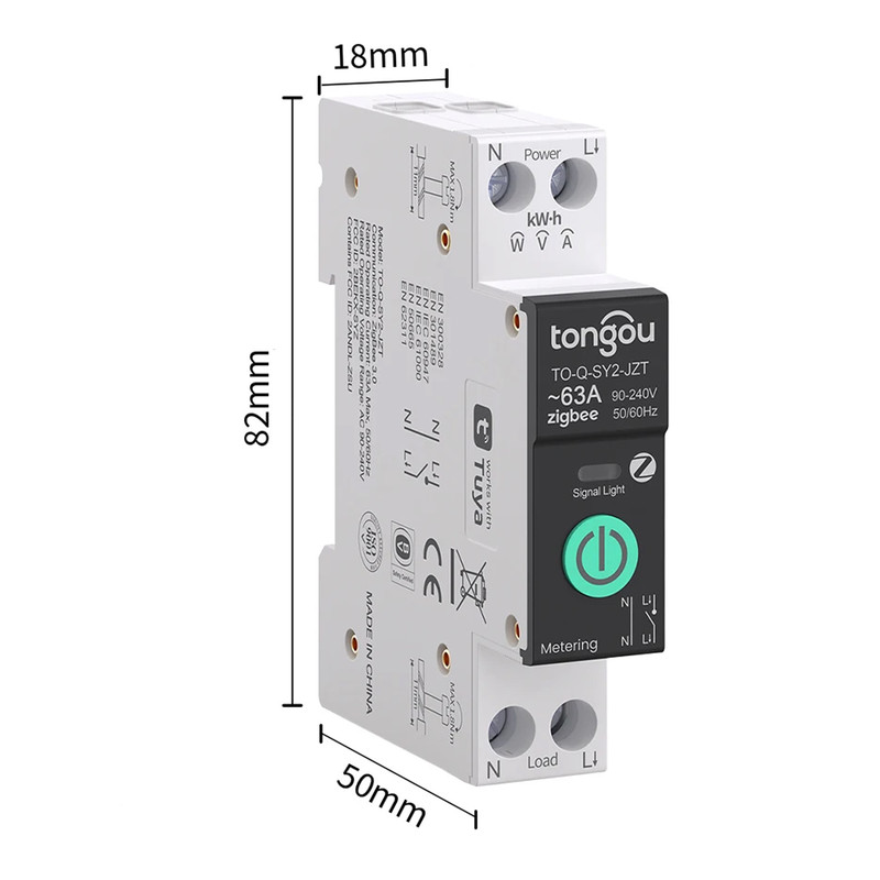 ZigBee розумний-вимикач з повним захистом, лічильниками, таймером 1P+N 1-63A 230V Smart Life, Tuya [TO-Q-SY2-JZT] Tongou