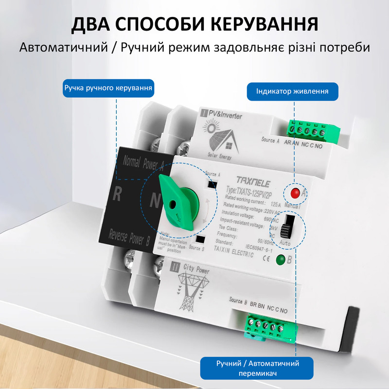 АВР для инвертора и панелей I-II 2P 63A 230V автоматический переключатель ввода резерва [TXATS-63PV/2P] Taxnele