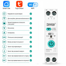 WiFi розумний-вимикач з повним захистом, функція ПЗВ, лічильниками, таймером 1P+N 1-63A 230V Smart Life, Tuya [DGB-63TD] DiyGo