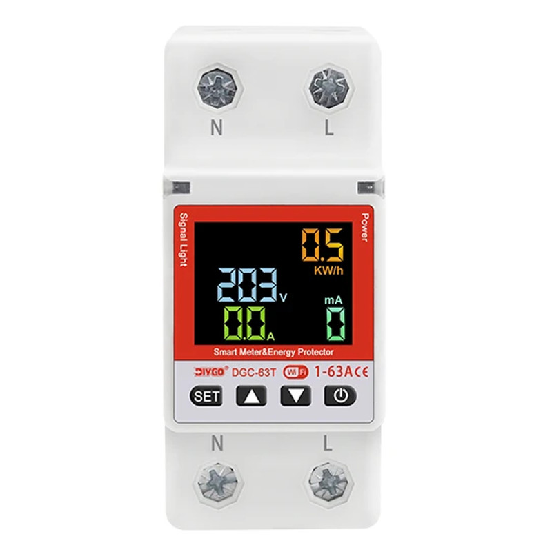 WiFi умное-реле с полной защитой, счетчиками, таймером 1P+N 63A 230V Smart Life, Tuya [DGC-63T] DiyGo