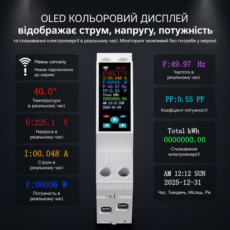 WiFi розумне-реле з повним захистом, лічильниками, таймером 1P+N 50A 230V Smart Life, Tuya [TO-Q-SYS-JWT] Tongou