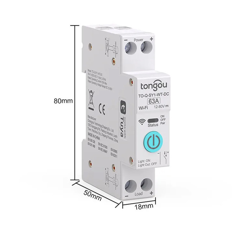 WiFi розумний-вимикач, тільки таймер 1P+N 63A DC 12-80V Smart Life, Tuya [TO-Q-SY1-WT-DC] Tongou