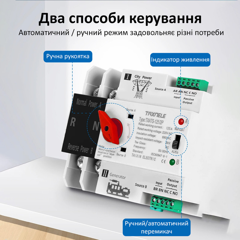 АВР для генератора I-II 2P 63A 230V автоматический переключатель ввода резерва [TXATS-63/2P] Taxnele