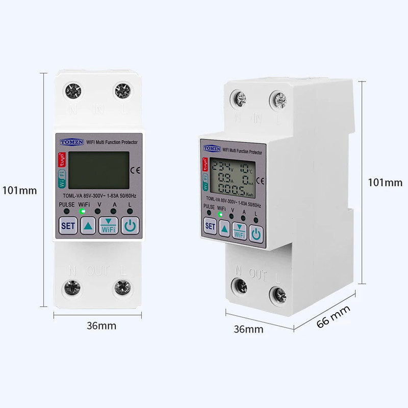 WiFi умное-реле с полной защитой, счетчиками, таймером 1P+N 63A 230V Smart Life, Tuya [TOML-VA] Tomzn