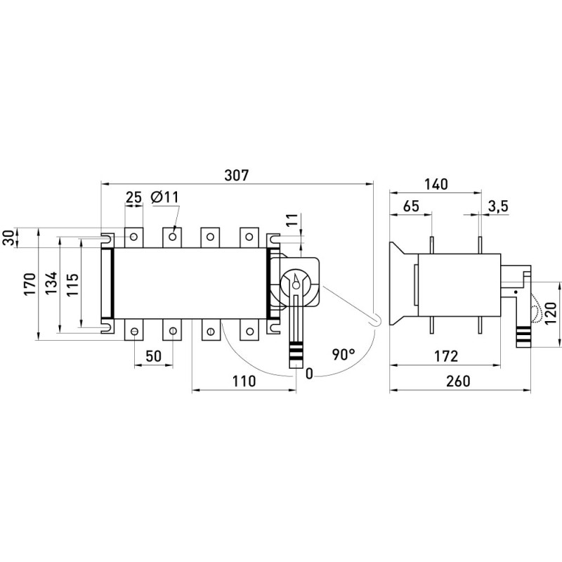 Переключатель нагрузки "I-0-II" 3P 250А 660V [i089008] E.NEXT e.industrial.lbs.1-0-2.3.250