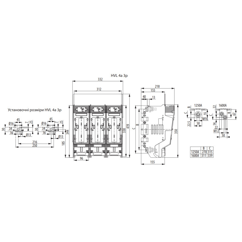 Роз'єднувач 3P 1250A 690V клеми М16-M16 [1692620] HVL 4a ETI