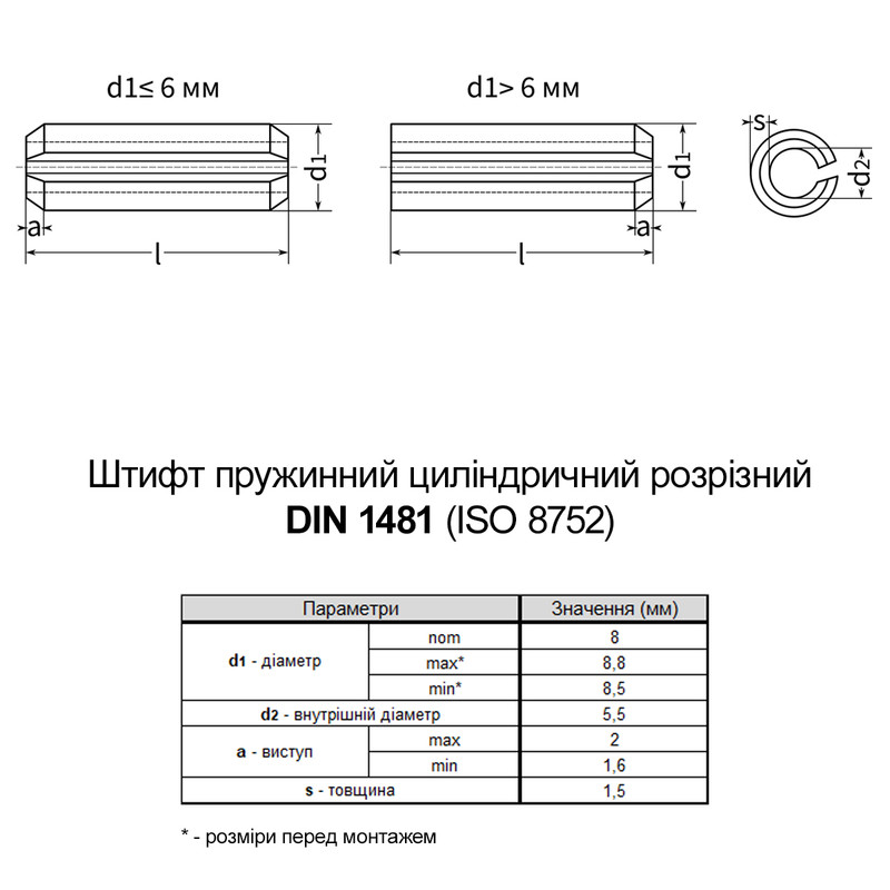 DIN1481 8х32 сталь штифт пружинный цилиндрический разрезной без покрытия [9500P0000958032P00] Metalvis
