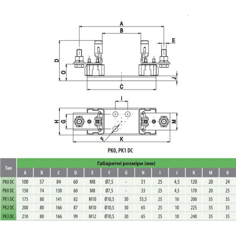 Держатель предохранителя 1P NH1 250A 1000V DC клеммы M10-M10 для солнечных панелей (PV систем) [4122025] ETI